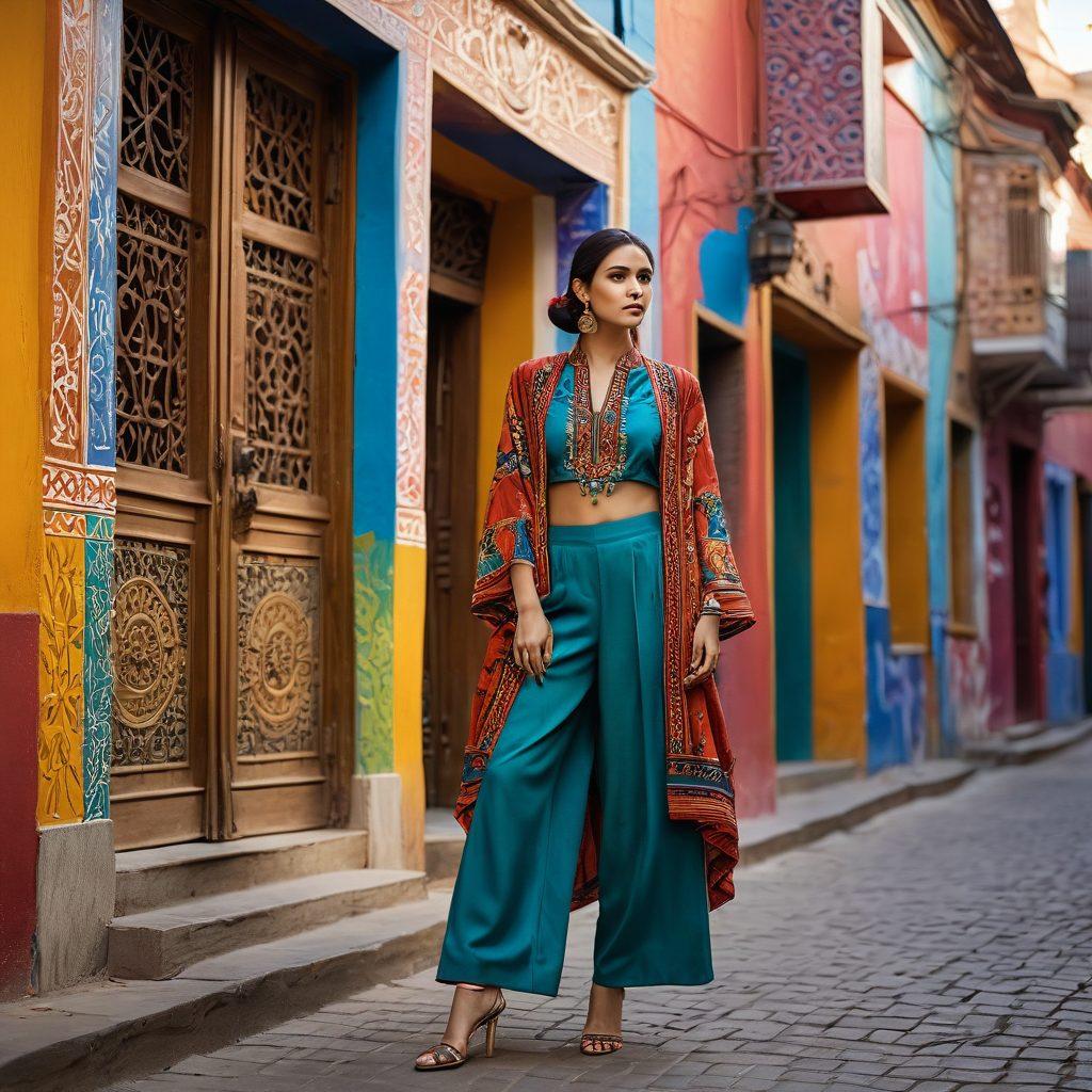 A stylish model gracefully blending traditional attire with modern fashion elements, standing in an urban setting adorned with vibrant murals. The background features cultural motifs and contemporary architecture. Soft natural lighting enhancing the textiles and colors of the outfits, capturing the essence of identity through fashion. super-realistic. vibrant colors. urban background.