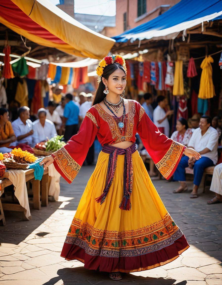 A graceful figure dressed in elegant, flowing attire, standing amidst a lively local market filled with vibrant cultural artifacts and colorful textiles. In the background, traditional dancers perform, capturing the essence of local aesthetic trends. Soft sunlight bathes the scene, emphasizing rich textures and bright hues while inviting the viewer into this cultural journey. super-realistic. vibrant colors. warm lighting.